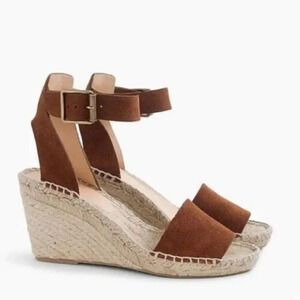 J Crew Brown Suede Corsica Espadrille Wedge Sandals Size 9 - 3.75" Heel Dark Tan